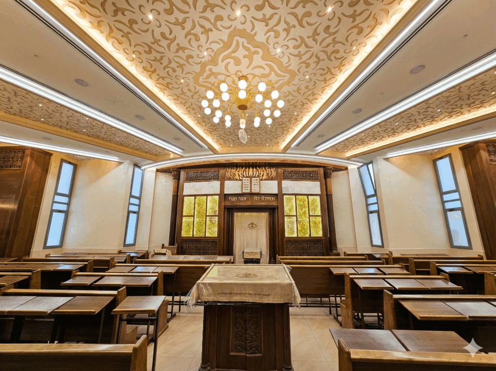 "ביצוע תקרות מעוצבות בבתי כנסת – גבס פיקס בשיתוף האדריכלית רבקי ברויער."